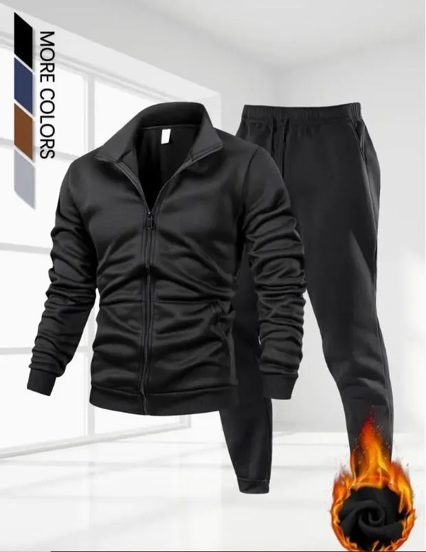 2 Pcs Men’s Fleece Plain Zipper Winter Tracksuit